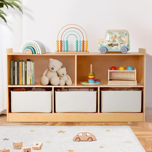Montessori Shelf with Storage Boxes, Wooden Toy Storage Organizer for Books Toys, 2 Shelf Bookcase, 5-Section Storage Cabinet, Toddler Book Shelf for Kids Rooms, Playroom, Nursery, Kindergarten