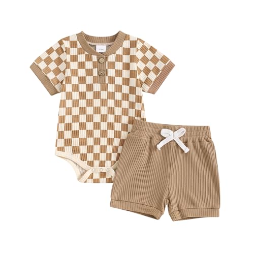 Image of Newborn Baby Boy Girl Clothes 3 6 9 12 18 Months Ribbed Knit Short Sleeve Romper Shorts Set Infant Summer Outfits