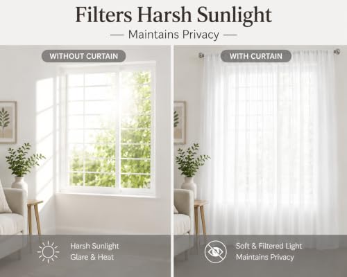 Image of KALIYO Linen Look Sheer Pleated Curtains for Living Room & Bedroom | Premium Light Filtering Window Curtains | Pinch Pleat Header Curtain Panels | White | 9FT | 2 Piece Set