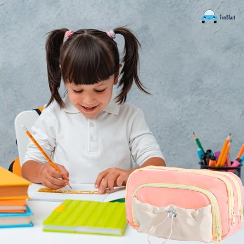 Image of FunBlast Pencil Pouch for Girls - Multiple Compartment Zipper Pouch with Drawstring Pocket, Aesthetic Pouch for Girl, Kawaii Pencil Case, Cute Pouches for Girls, Return Gift for Kids (Pink)