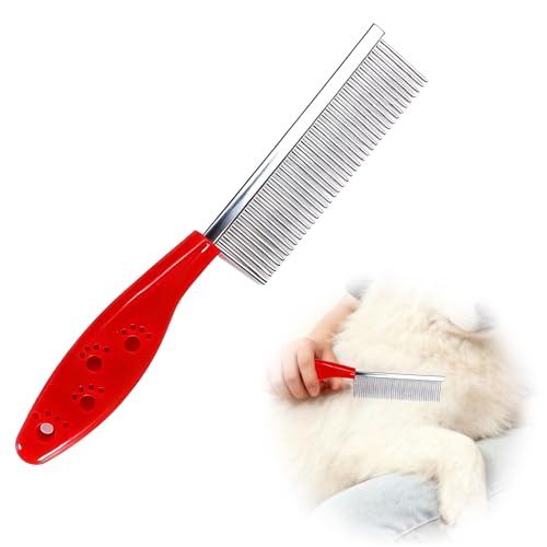 Wcawnlt Peine para Gatos, Cepillo para Perros de Acero Inoxidable Pelo Largo con Mango Ergonómico, Herramienta de Aseo para Eliminar Enredos y Pelos para Perros y Gatos de Todos los Tamaños (Rojo)
