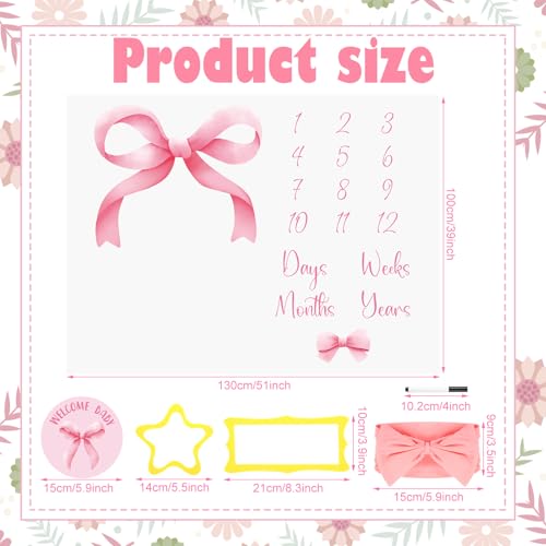 Image of Preboun Monthly Milestone Blankets for Baby Girls 51 inch x 39 inch Newborn Baby Blankets Pink Bow Photography Background Fleece Growth Chart Blanket with Wooden Signs, Frames, Bow Headband
