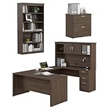 Bestar Logan 66W U-Shaped Desk with Hutch, Lateral File Cabinet, and Bookcase in Antigua
