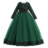 Cichic Dresses for Girls Elegant Sequins Tulle Long Sleeve Gown Christmas Birthday Party Pageant Prom Maxi Dress Green 9-10 Years