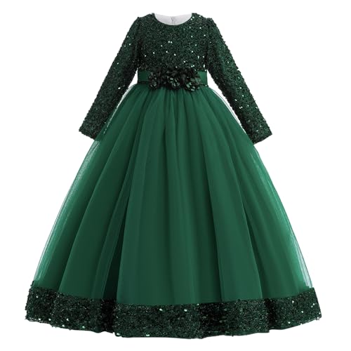 Cichic Dresses for Girls Elegant Sequins Tulle Long Sleeve Gown Christmas Birthday Party Pageant Prom Maxi Dress Green 9-10 Years