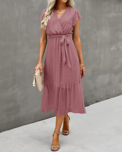 Image of BTFBM Women Summer Bohemian Floral Casual Wrap V Neck Ruffle Cap Sleeveless Belt A-Line Pleated Hem Midi Sun Dress White