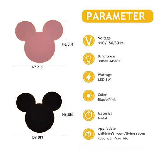 Hatuo Cartoon Mouse Wall Lights For Bedroom,Creative Personality Iron Wall Sconce Light，Children's Bedroom Wrought Iron Lamp Body With Acrylic Lampshade Wall Lights For Living Room Cafe (Black) #TOP6