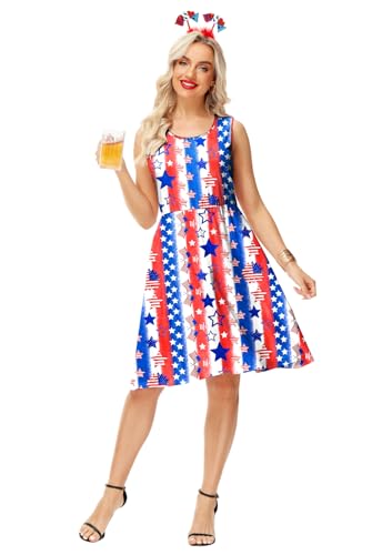 Image of Deerose 4th of July Dress for Women Sleeveless American Flag Patriotic Elastic High Waist Sundress
