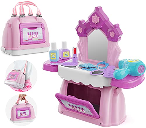 GeyiieTOYS 3 in 1 Kosmetikkoffer Rollenspiel Frisiertisch Kosmetik Spielzeug Schminkset Friseurkoffer Geschenke für Mädchen Prinzessin ab 3 Jahre Cover