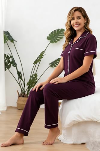 Image of 100% Cotton Pajama Sets for Women 2 Piece Long Sleeve Button Down Pjs Soft Comfy Ladies Sleepwear Lounge Sets S-XL