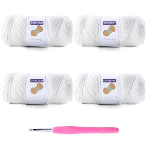 Image of 4 Pack Tshirt Yarn for Crocheting, Elastic T Shirt Spaghetti Thick Knitting Yarn Total Length 260 Yds for Crochet Bag Baskets Home Decor with 1 Crochet Hook (4-White)
