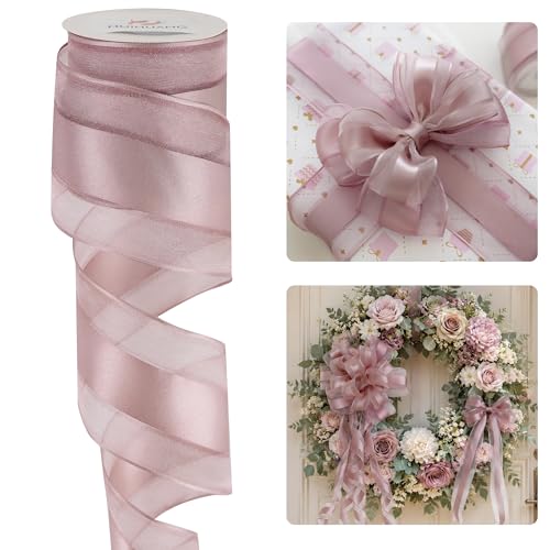 HUIHUANG 2.5 inch Dusty Rose Sheer Wired Ribbon with Satin Stripe 10 Yards