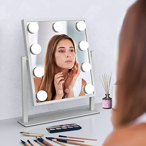 Weily Hollywood Vanity Mirror With Lights,Large Lighted Makeup Mirror With 3 Color Light & 9 Dimmable Led Bulbs,Smart Lighted Touch Control Screen & 360 Degree Rotation(White) #TOP6