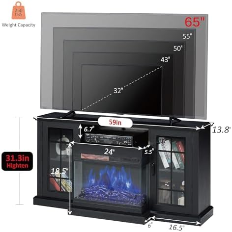 AMERLIFE 3-Sided Glass Fireplace TV Stand for TVs up to 65'', Media Entertainment Center Console Table with Door Closed Storage, Black