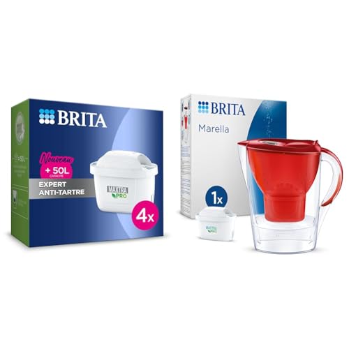 BRITA Cartouche Filtre Eau Robinet MAXTRA PRO Expert anti-tartre - Pack de 4 & Carafe Filtrante BRITA Marella Blanche (2,4l) incl. 12 cartouches filtre eau robinet MAXTRA PRO