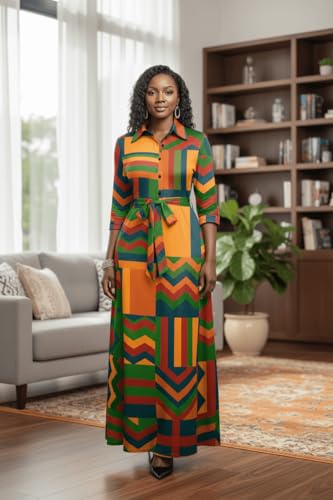 Image of Runwind Women Church Maxi Dresses 3 /4 Sleeve Button Down Print Casual Office Dress African
