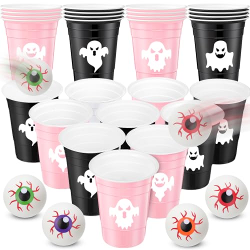 Seenelling Halloween Party Supplies Includes 22 Pcs Beer Cups with Halloween Ghost Designs and 8 Pcs 1.5in Fake Eye Balls for Outdoor Nighttime Competitive