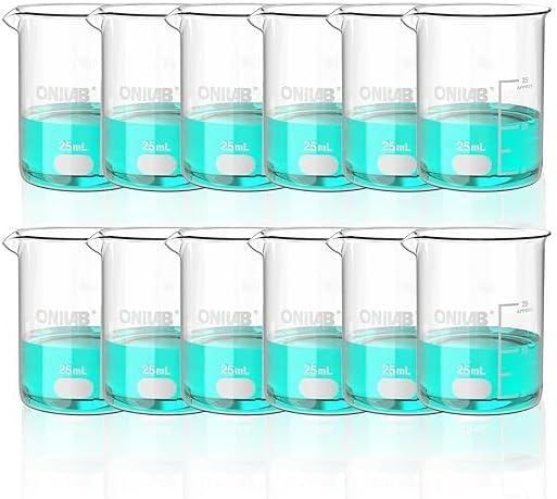 ONiLAB 12pcs of Glass Beakers Shot Glass, Vol.25ml, 3.3 Borosilicate Griffin Low Form with Printed Graduation 13900253