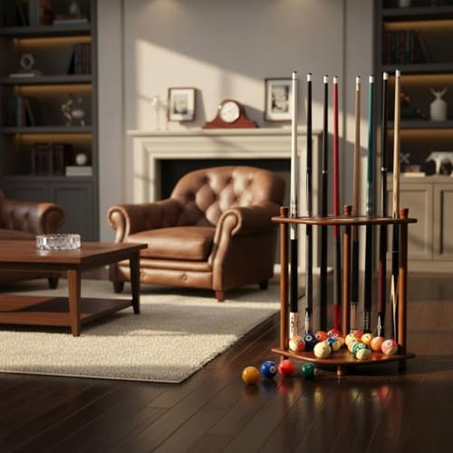 Râtelier billard 8 queues avec support de boules en finition noyer
