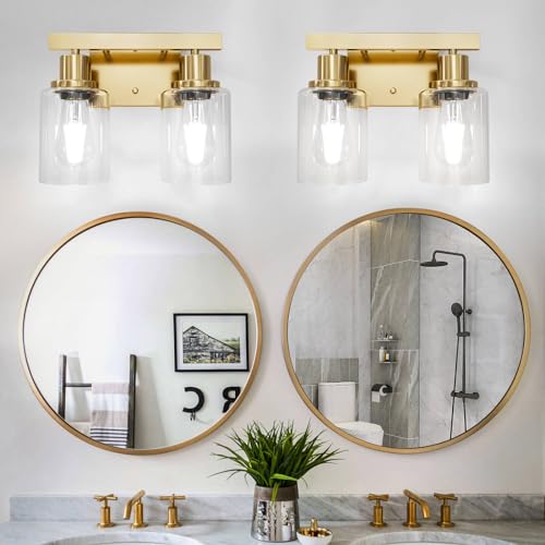 Image of 2-Light Brushed Gold Vanity Lights for Bathroom, Brushed Gold Bathroom Light Fixtures, Modern Vanity Lighting Over Mirror with Clear Glass Shade, Farmhouse Bath Wall Lamp for Mirror
