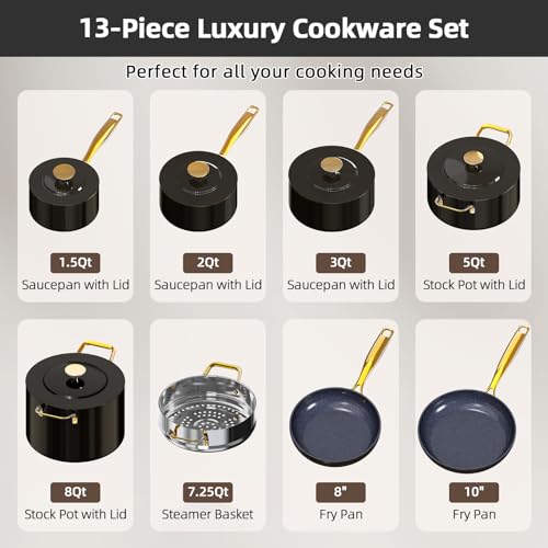 Nuwave Lux LE 13-Pc Cookware Set with Elegant Gold Handle, Diamond Infused Ceramic Non-Stick, PFAS Free, Premium Metal Lids, Ergonomic Stay-Cool Handles, Induction Ready & Compatible w/All Cooktops by Nuwave - Image 5