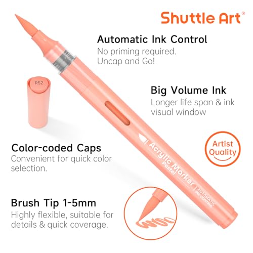 Image of Shuttle Art Automatic Ink Control Acrylic Paint Markers, 24 Pastel Colors Brush Tip Acrylic Paint Pens for Rock Painting, Ceramic, Wood, Canvas, Glass, Stone, Fabric, Card Making, DIY Football Crafts