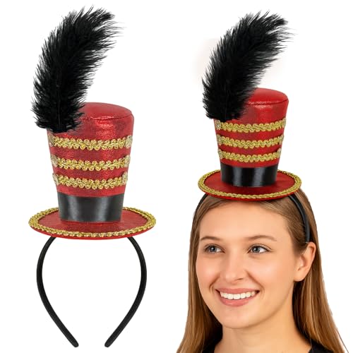 Asikkon Mini Circus Ringmaster Hat Headband Carnival Mini Top Hat with Black Feather and Gold Trim for Costume Party Halloween Cosplay