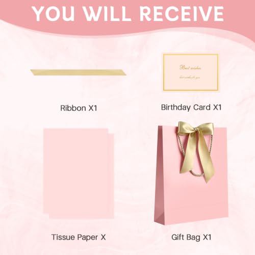 Image of JMANNI Pink Day Gift Bag, 1PCS 13 inch Gift Bags with Ribbon and 1 Greeting Cards 2 Tissue Paper, Portable Paper Gift Bag with Handles,Present Bags for Birthday Wedding Party Mothers Day