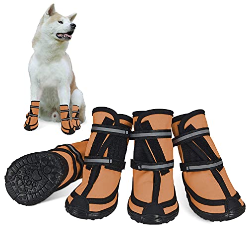 Dociote Zapatos para Perros, 4Pcs Antideslizante Botas con Correas Resistente, Impermeables Protectores de Patas para Perros Medianos y Grandes Naranja L
