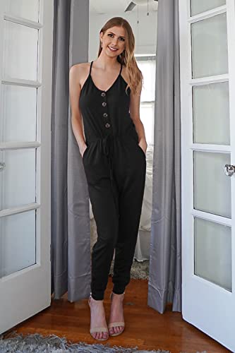 Prettygarden Women's Summer Casual Jumpsuits Wrap V Neck Sleeveless One Piece Pants Romper With Pockets (Solid Black,Small) #TOP1