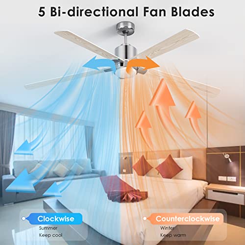 Adiuive 60 Inch Ceiling Fans With Lights And Remote, 5-Blade Low Profile Smart Ceiling Fan With Silent Dc Motor, Works With Alexa, Siri, Google Home, 2 Colors Of Reversible Blades, Light Wood & White #TOP6