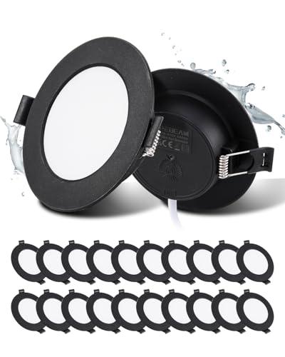 Grebeam Lot de 20 Spots LED Encastrables, 5W, Noir, Spot Salle de Bain, IP44, Ultramince 25 mm, Blanc Neutre 4000k, Trous Ø75-90mm, Spot LED Extérieur Rond,...