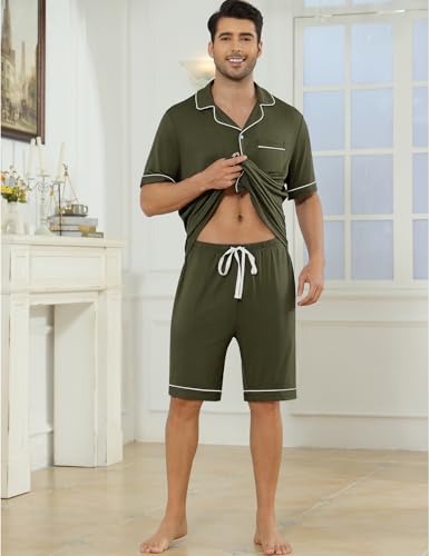 Image of Veseacky Men's Button Down Pajama Set Short Sleeve Shorts Modal Soft Sleepwear Loungewear Pjs with Pockets S-XXL