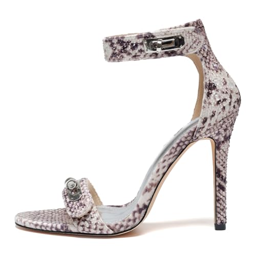 Image of Women's Snake Print Rhinestone Ankle Strap Stiletto Sandals Open Toe & Turn Lock Party /Wedding /Nightclub Shoes Snake US7