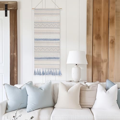 BlissBlush Long Vertical Wall Hanging Tapestry Coastal Blue Woven Boho Farmhouse Décor Tassel Handmade Wall Art Decoration for Bedroom Living Room Dorm Nursery Apartment, 16x39 INCH - Image 4