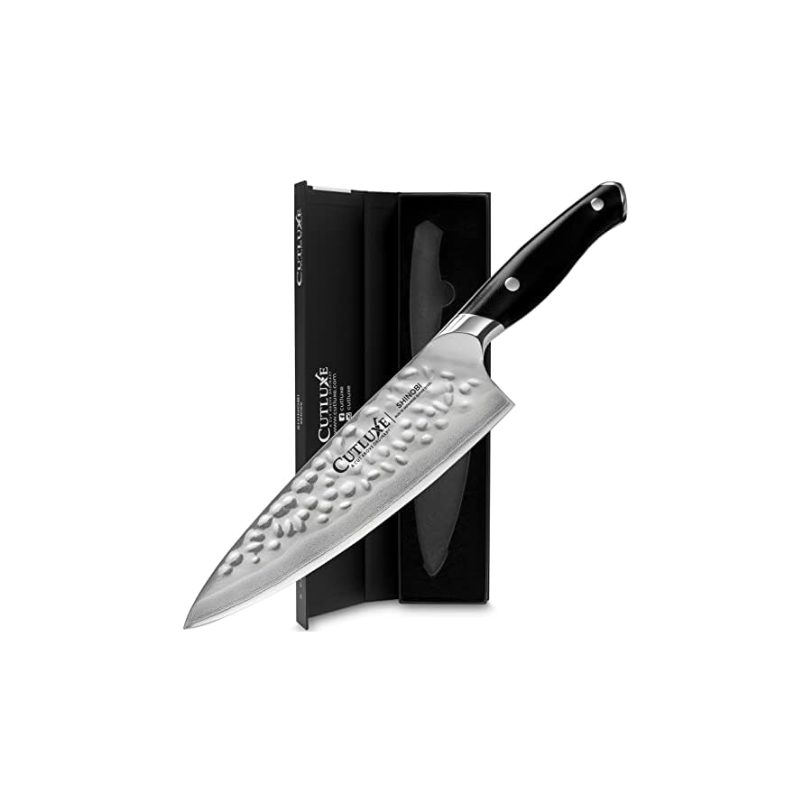 CUTLUXE-Chef-Knife-8-Damascus-Japanese-AUS-10-Steel--Ergonomic-G10-Handle--Hammered-Blade-Finish--Shinobi-Series Cutluxe Shinobi Damascus Chef Knife – 8" Damascus Kitchen Knife, Japanese Blade, AUS-10 Steel – Razor Sharp – Full Tang & Ergonomic G10 Handle Design