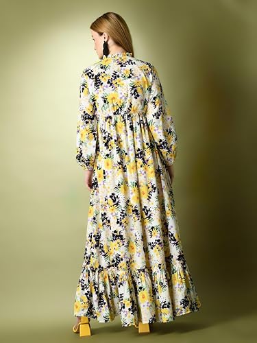Image of KZULLY | Floral Printed Maxi Dresses for Women | Long Sleeve Beautiful Floral Patterns | Stylish and Elegant Dress | Tie Neck
