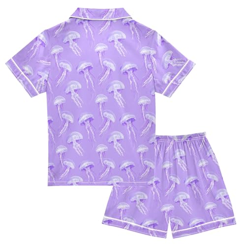Purple Jellyfish Pattern Summer Satin Pajama Set, Cute Button-Down Sleepwear Pj Set for Sleep Wears2