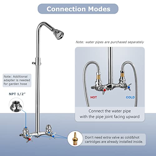 Aolemi Polish Chrome Outdoor Shower Kit Faucet Set With Adjustable Slide Bar Double Cross Handles Exposed Shower System Rainfall Shower Head Wall Mount Shower Fixture #TOP4