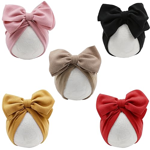 Image of DRESHOW BQUBO 5 PCS Baby Cotton Hats Big Bow Knotted Headwrap Turban Baby Infant Beanie Baby Girl Soft Toddler Cap for Winter