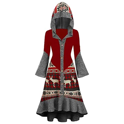 Ruiyete Übergröße Kleid gedruckt Kontrastfarbe Kapuze Blatt Langarm Dekorative Knopf Damen Baumwolle Spun Kleid Gesmoktes Kleid Damen, rot, X-Large Cover