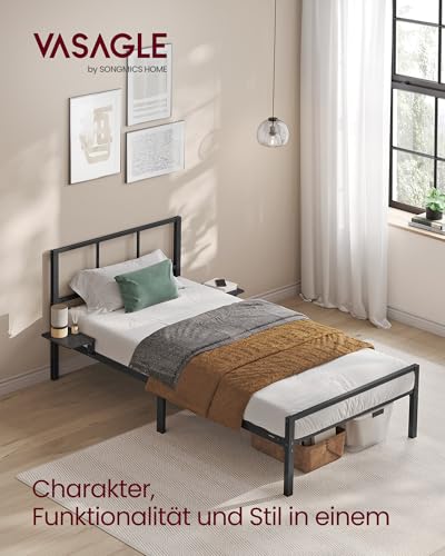 VASAGLE Einzelbettgestell, Bett, passend für 90 x 200 cm Matratze, Metallbett, Bettrahmen, mit Kopfteil, modern, mit Aufbewahrungsregalen, Gästebett, für Teenager, tintenschwarz RMB192BD01
