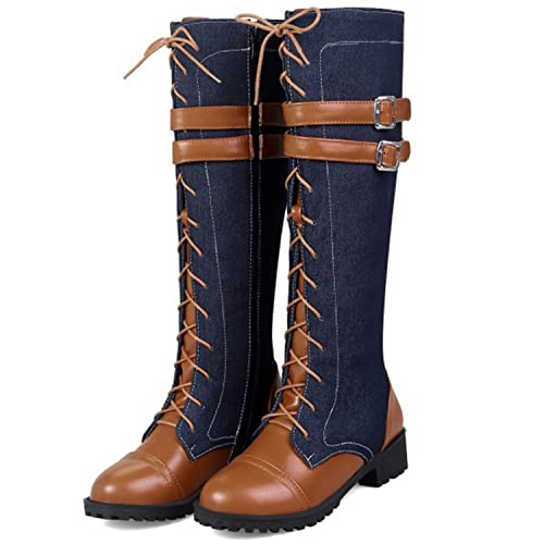 FOWT Fashion Bi-material Patchwork Synthetic Women Knee-high Riding Boots Stylish Round Toe Side Zipper Adjustable Buckle Long Boots Chic Chunky Heel Elegant Dress Casual Shoes, Brown US Size 4-13 M4