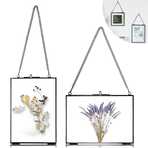 HOMURY Hängend Bilderrahme Glasrahmen Wandbehang: 2PCS Bilderrahmen Hängend aus Glas und Metall, Bilderrahmen Durchsichtig Beidseitig für gepresste Blumen Fotos(Schwarz, 13x18cm, Rechteck)
