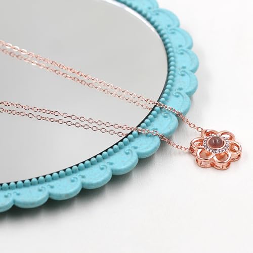100 Languages I Love You Necklace Inlaid Round Cubic Zirconia Flower Design Projection Pendant Necklace Cute Birthday Gifts for Women4