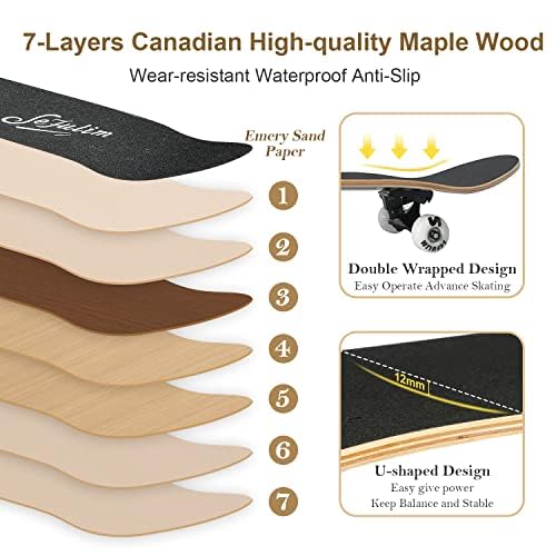Monopatín completo de 31 x 8 pulgadas, 7 capas de arce canadiense, monopatín de doble patada para niños, niñas, adolescentes, adultos principiantes