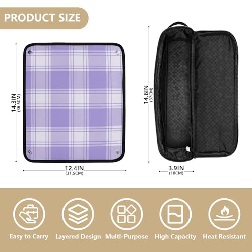 Bolsa de viaje para herramientas de cabello con tapete resistente al calor desmontable, doble capa, para planchas y rizadores, motivo de cuadros lavanda y marfil miniatura 4