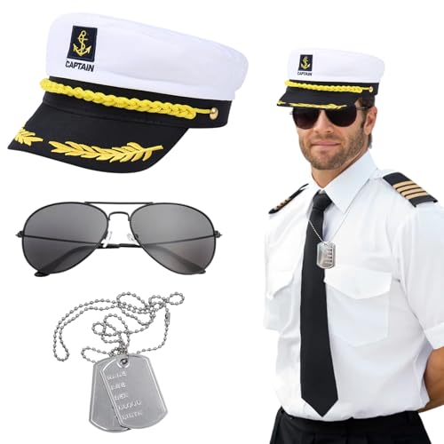 SAIIURV 3 Piezas Traje Capitán de la Marina para Hombres Mujeres, Yate Sombrero de Capitán de Barco con Dog Tags Gafas de Sol, Sailor Hat Disfraces de Accesorios de Marinero para Fiestas Carnaval