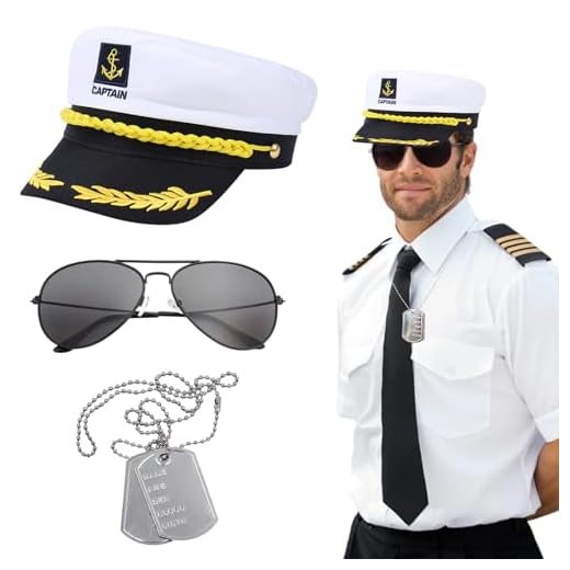SAIIURV 3 Piezas Traje Capitán de la Marina para Hombres Mujeres, Yate Sombrero de Capitán de Barco con Dog Tags Gafas de Sol, Sailor Hat Disfraces de Accesorios de Marinero para Fiestas Carnaval