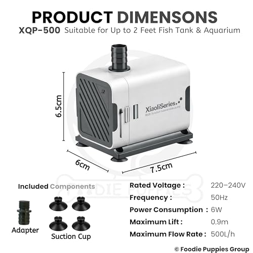 Image of Foodie Puppies Aquarium Water Pump - XQP-500 | 6W Power | 500L /H Flow Rate | 0.9m Max Lift | Ultra Silent Submersible Pump for Fish Tank, Pond, Aquarium, Hydroponics and Water Fountains